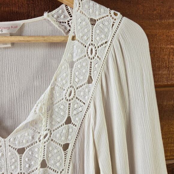 Krazy Kat Womens Ivory Floral Crochet Blouse L Tassels Boho Cottage Prairie - Picture 4 of 11